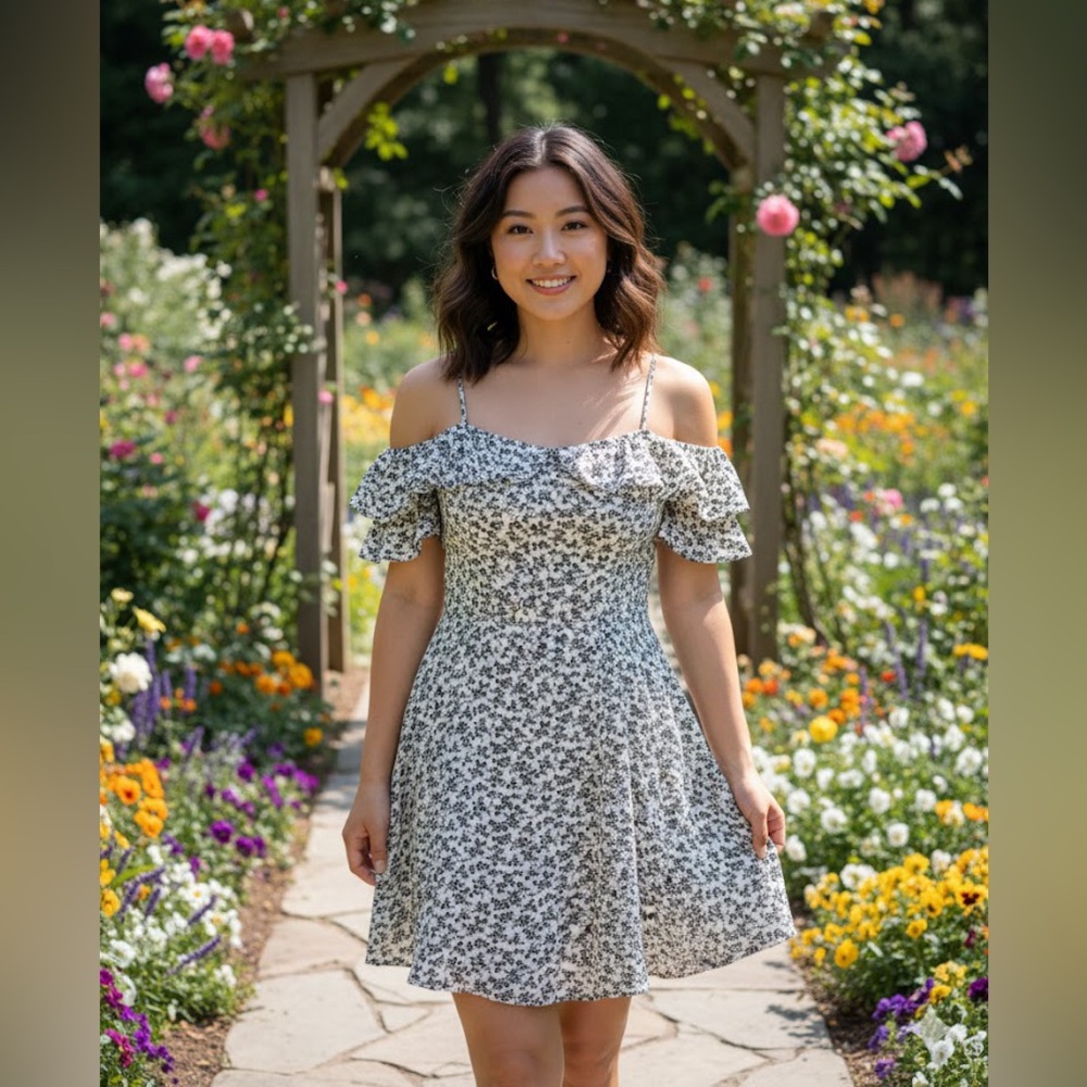 NWT American Eagle Outfitters Black and White Floral Off the Shoulder Mini Dress